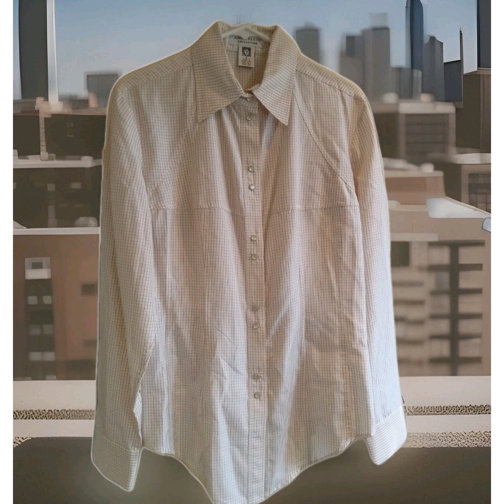 Anne Klein Women's 12 White V-Neck Snap Down Blouse Scandi Girl Checkered Career